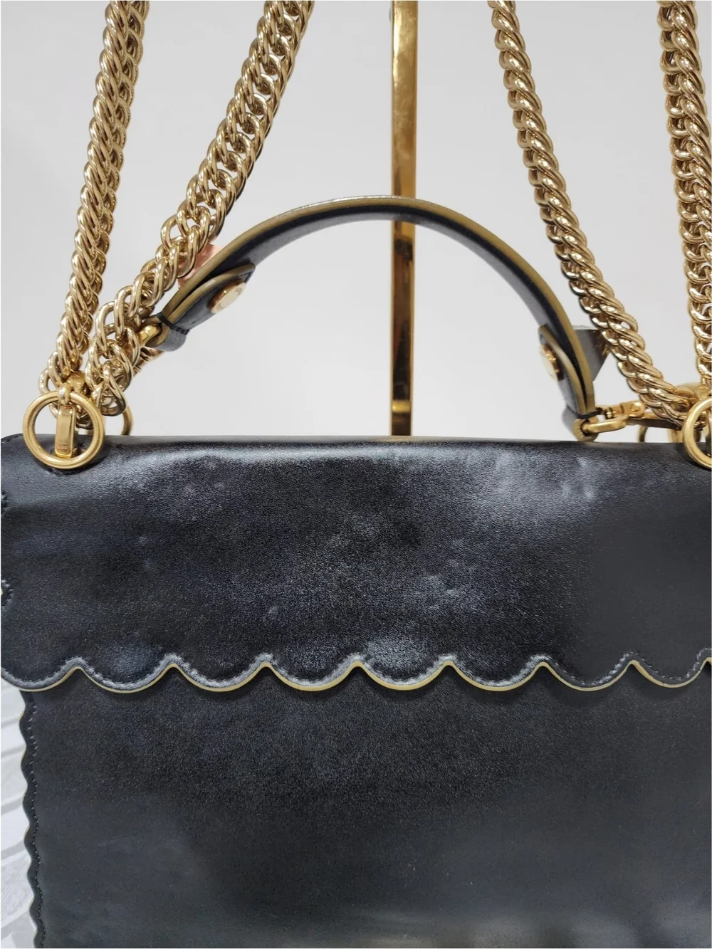 FENDI Vitello Liberty Scalloped Studded Kan I Shoulder Bag Black